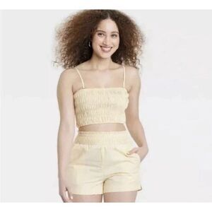 A New Day Women's L Large Smocked Tank Top Yellow Stripe Cropped Shirt Stretchy